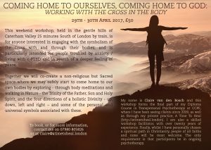 A poster advertising a body meditation workshop scheduled for April 29th-30th 2017 called Coming Home to Ourselves, Coming Home to God. The background image is of a mountain range at dawn. In the foreground is a silhouette of a woman, her feet firmly planted on the earth and her arms outstretched to the sides.