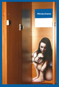 lifelike drawing inside a gym locker of a woman in her underwear huddled in shame